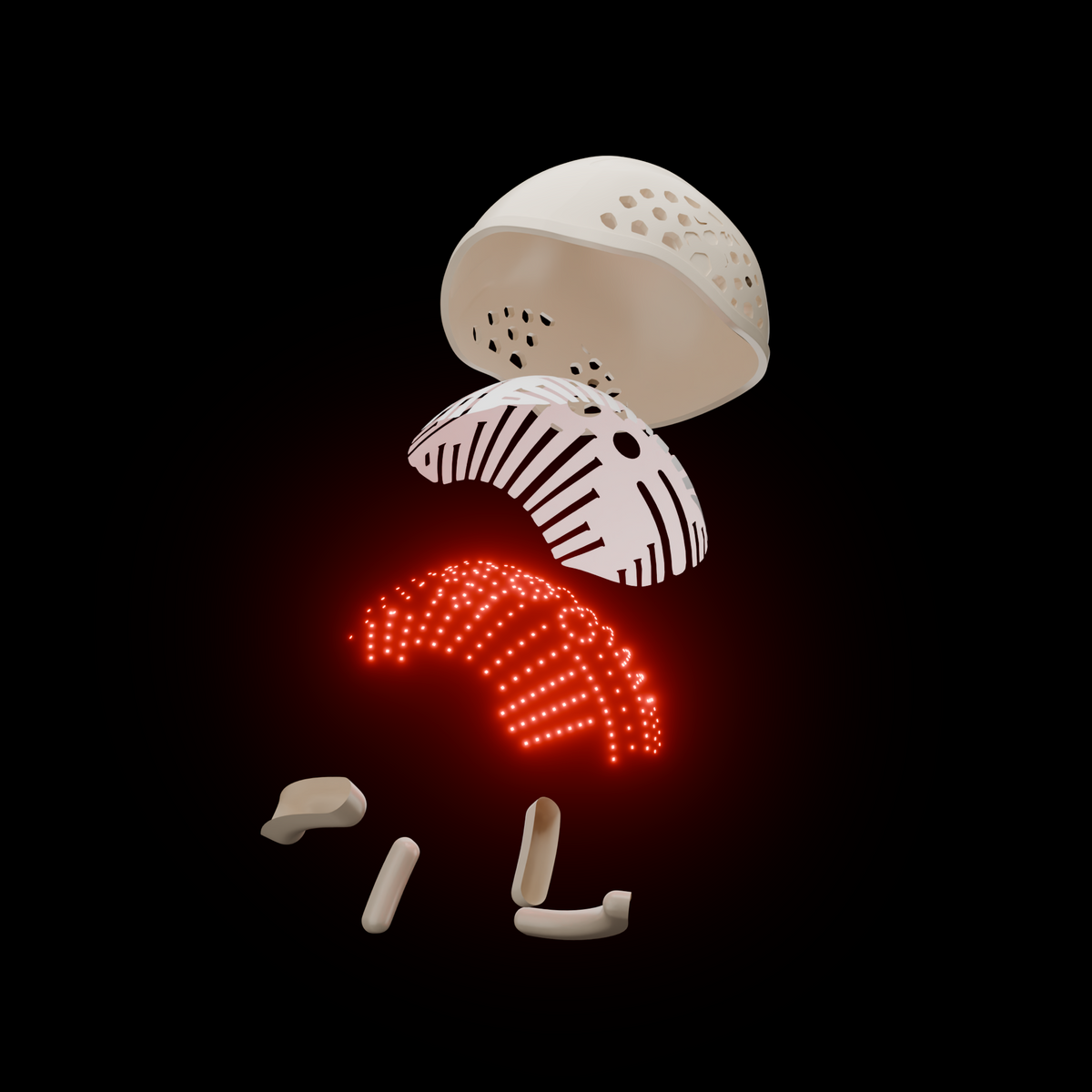 A set of replacement parts for a device, including a beige perforated cap, a white and black striped curved piece, a glowing red LED light strip, and several small beige plugs, shown against a solid black background.