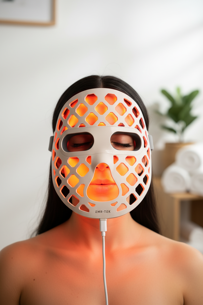 Woman wearing red light therapy EMR-TEK Eterno Mask.