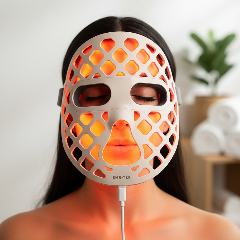 Woman wearing red light therapy EMR-TEK Eterno Mask.