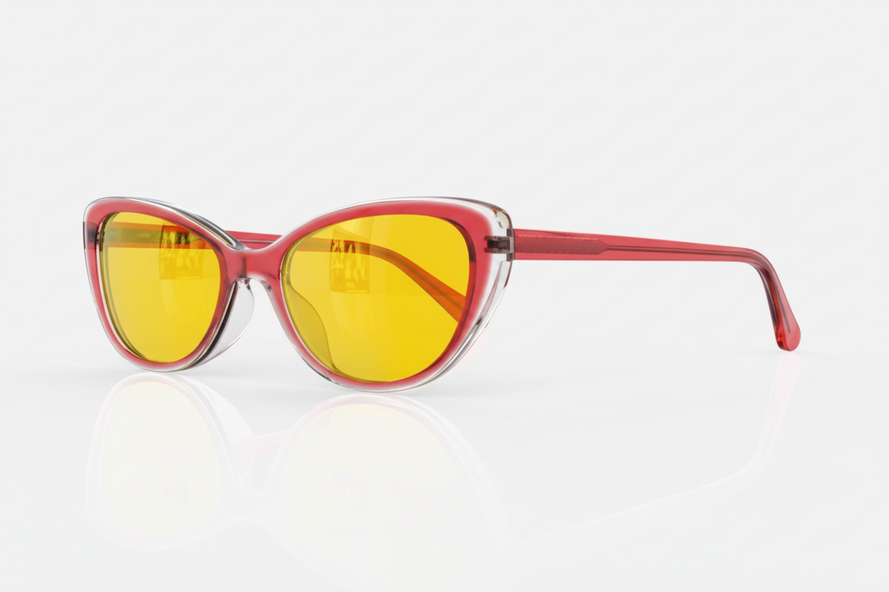 Red blue light glasses with yellow lenses on a white background