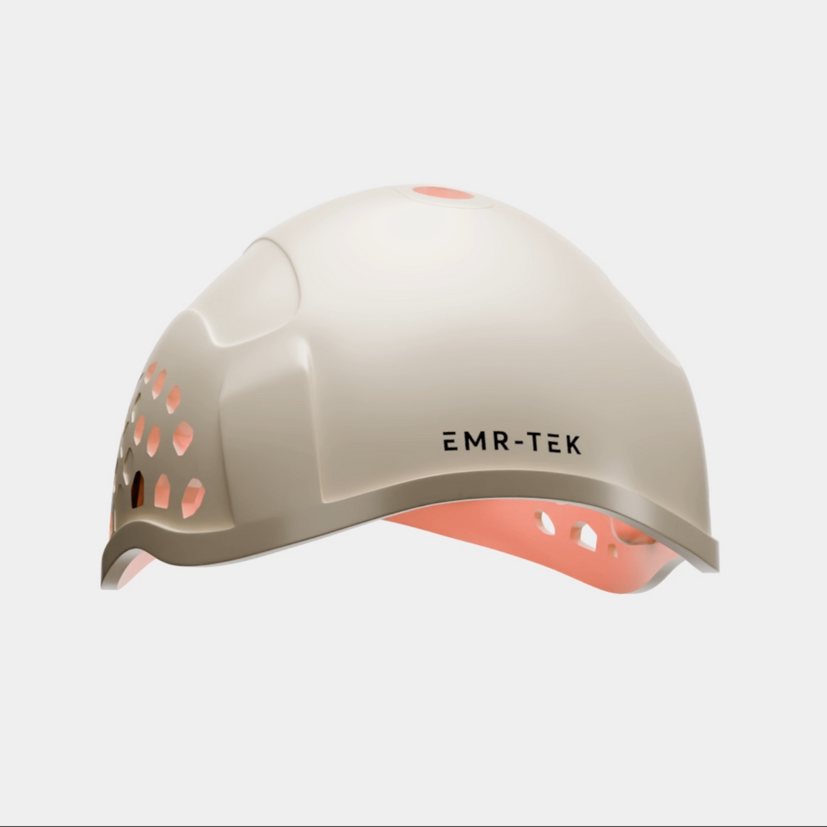 A light beige safety helmet with a coral pink interior lining and ventilation holes on the side, featuring the brand name 'EMR-TEK' printed on the side, set against a plain light gray background.