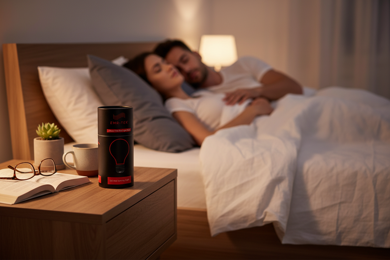 Couple sleeping in bed with a red light bulb. 