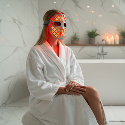 woman wearing emr-tek eterno red light therapy mask