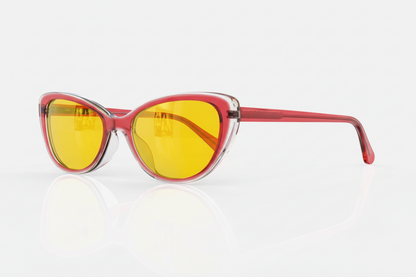 Red blue light glasses with yellow lenses on a white background