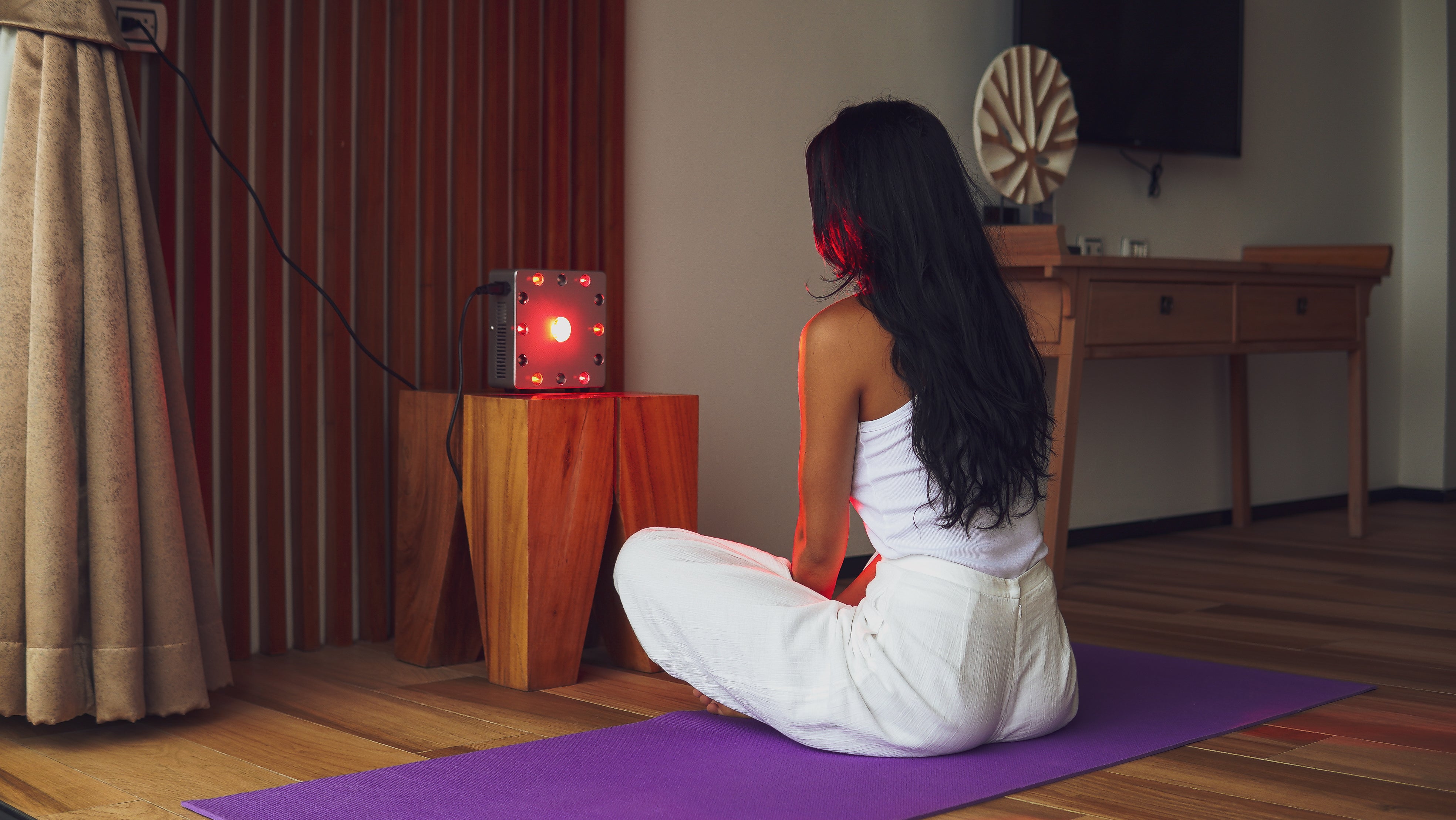 A Woman using Firewave in her Drawing Room 